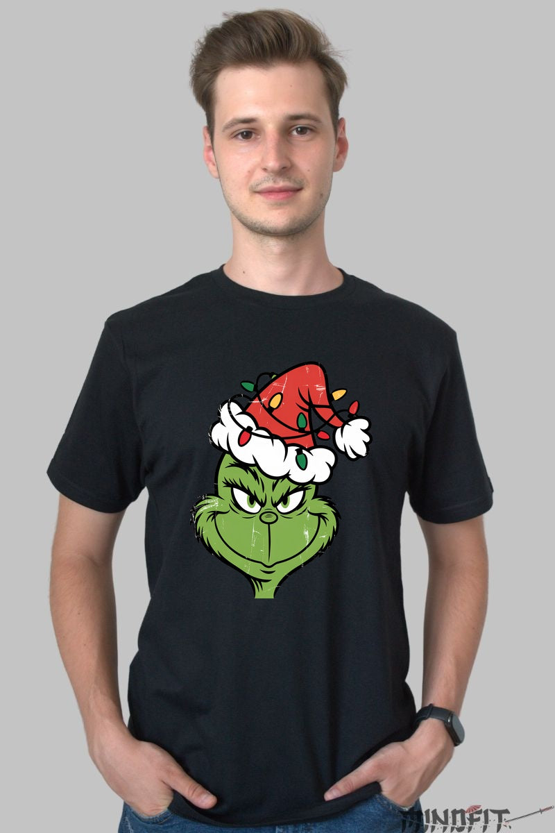 Tricou De Craciun - Grinch Cu Caciula Festiva barbat negru