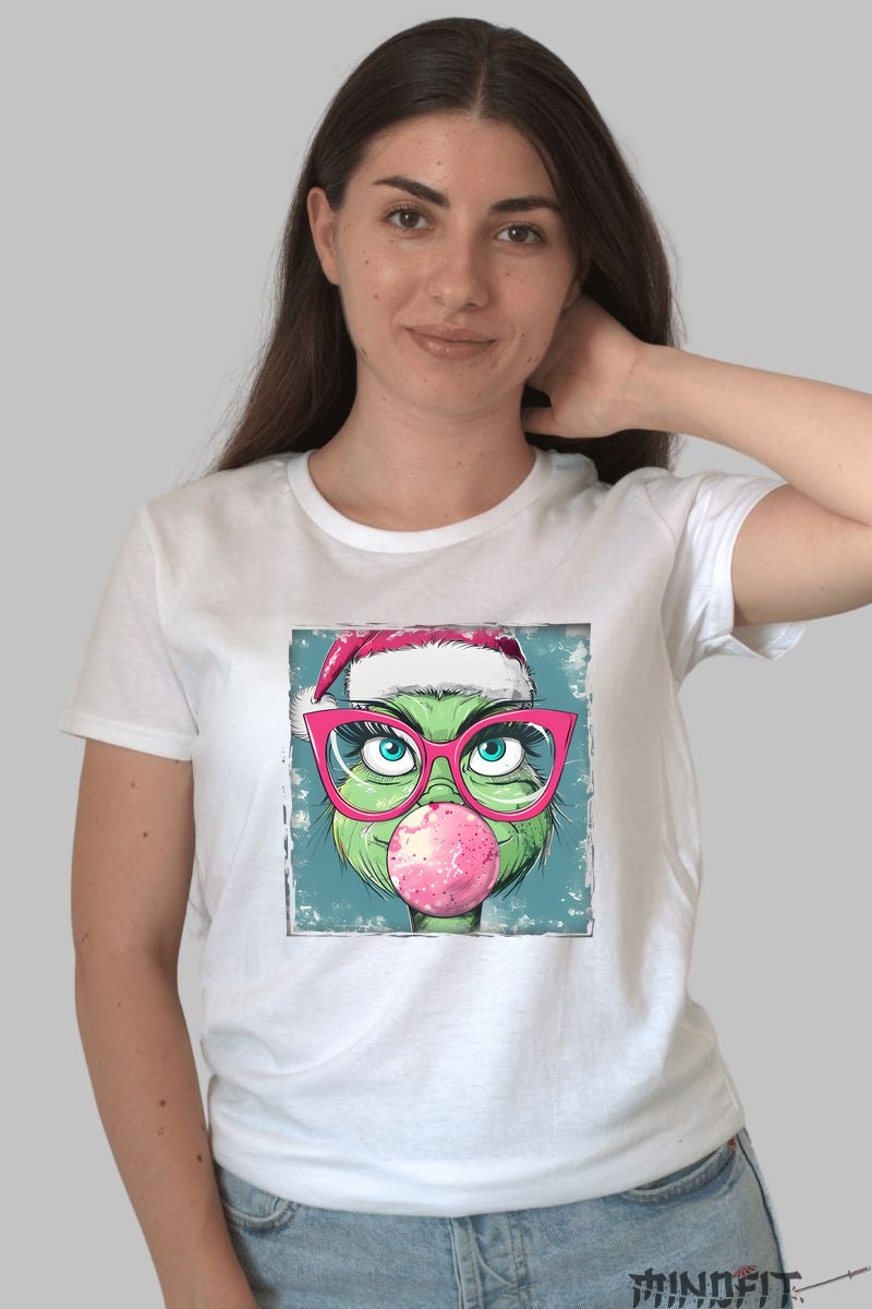 Tricou De Craciun - Grinch Cu Ochelari Si Bomboana dama alb