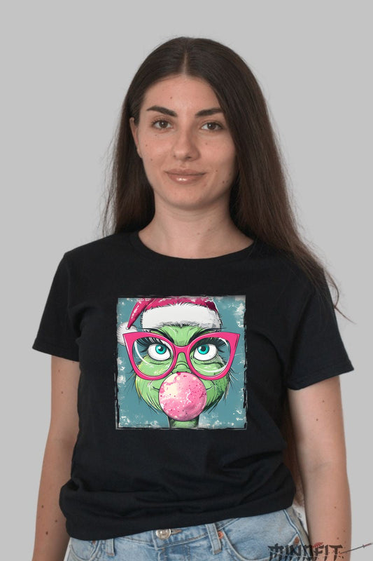 Tricou De Craciun - Grinch Cu Ochelari Si Bomboana dama negru