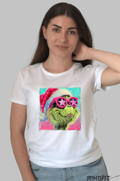 Tricou De Craciun - Grinch Cu Ochelari Star dama alb
