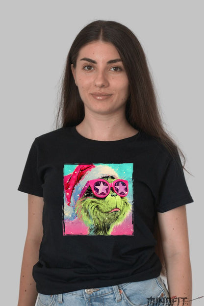 Tricou De Craciun - Grinch Cu Ochelari Star dama negru