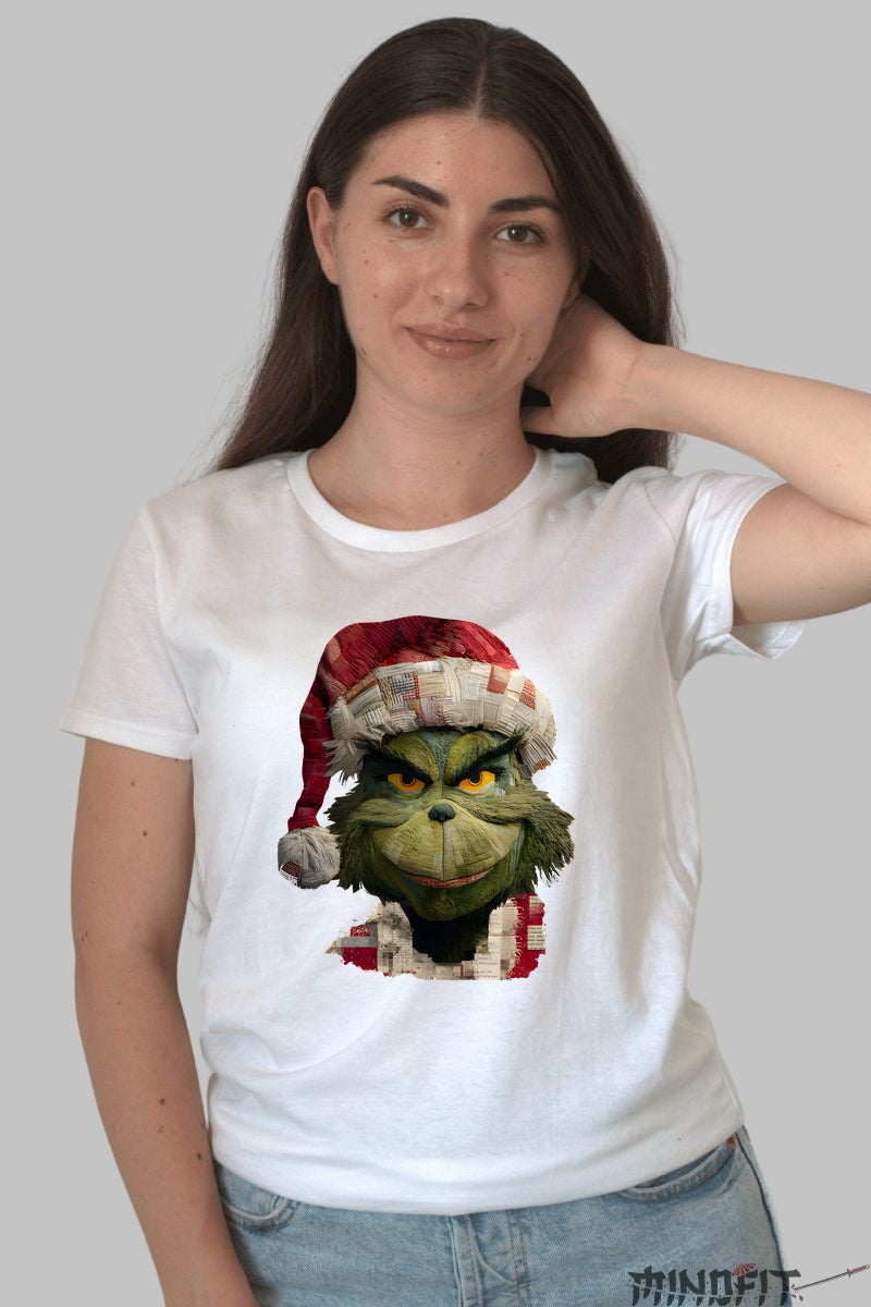 Tricou De Craciun - Grinch Cu Zambet Viclean dama alb