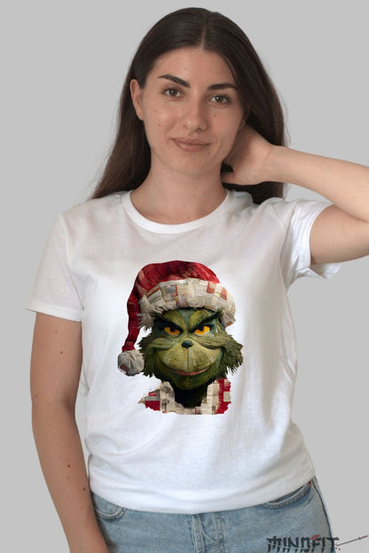 Tricou De Craciun - Grinch Cu Zambet Viclean dama alb