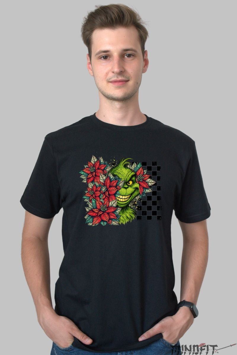 Tricou De Craciun - Grinch Printre Poinsettia barbat negru