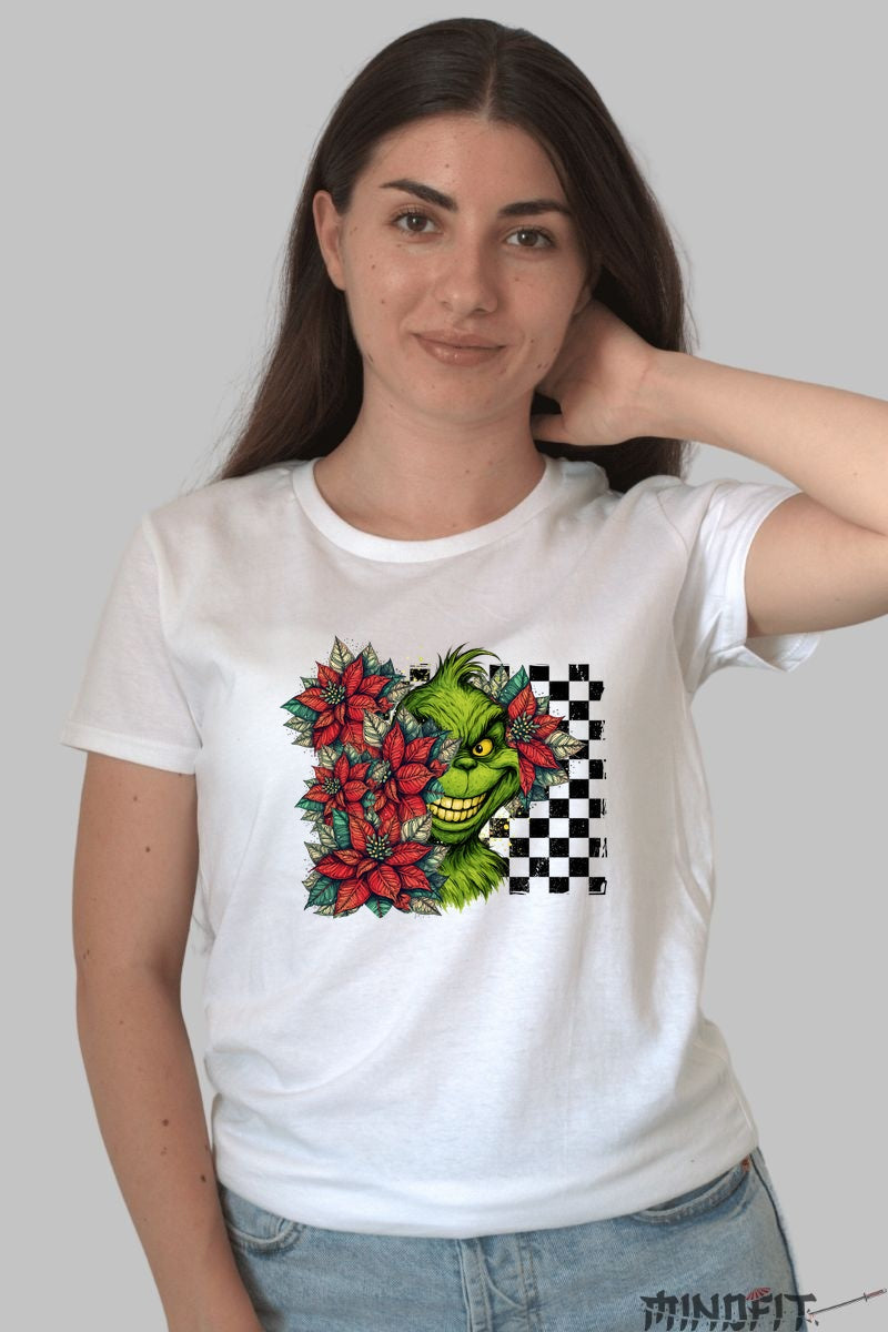 Tricou De Craciun - Grinch Printre Poinsettia dama alb