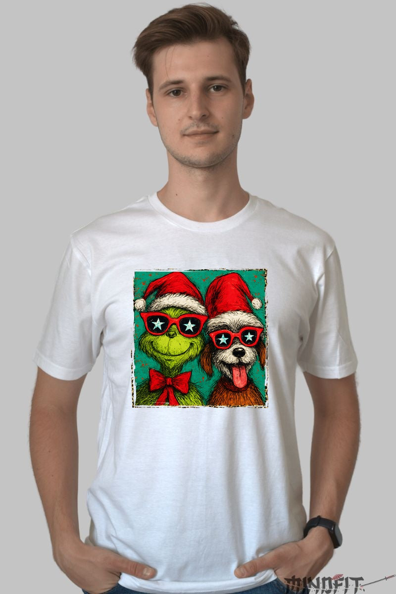 Tricou De Craciun - Grinch Si Catelul Cu Ochelari barbat alb