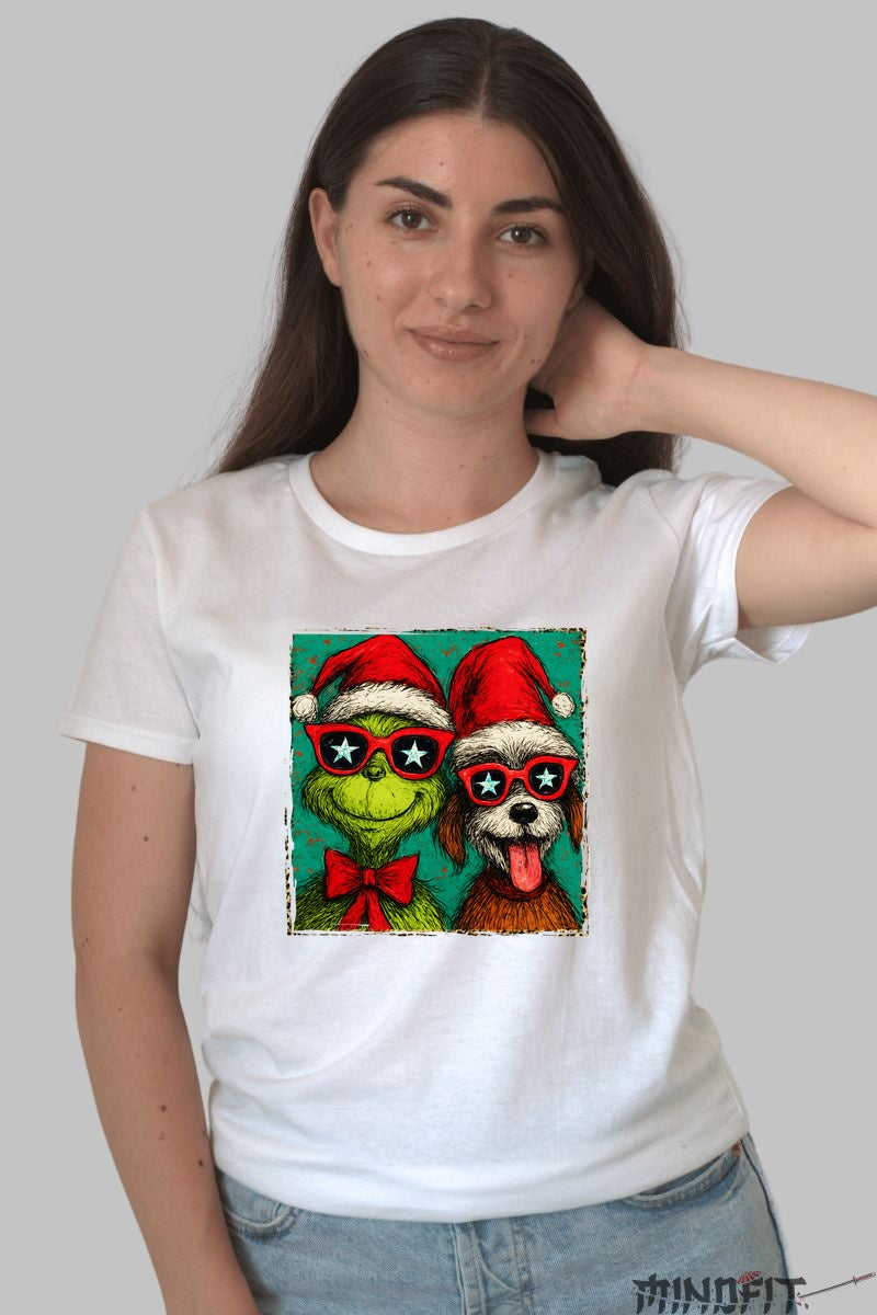 Tricou De Craciun - Grinch Si Catelul Cu Ochelari dama alb