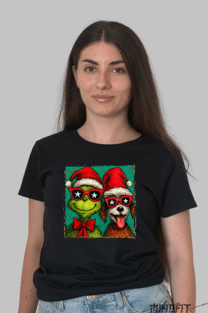 Tricou De Craciun - Grinch Si Catelul Cu Ochelari dama negru