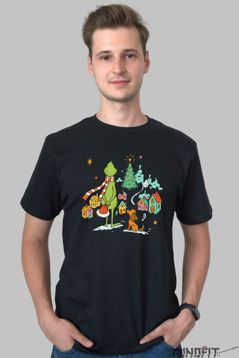 Tricou De Craciun - Grinch Si Max Privind Satul barbat negru