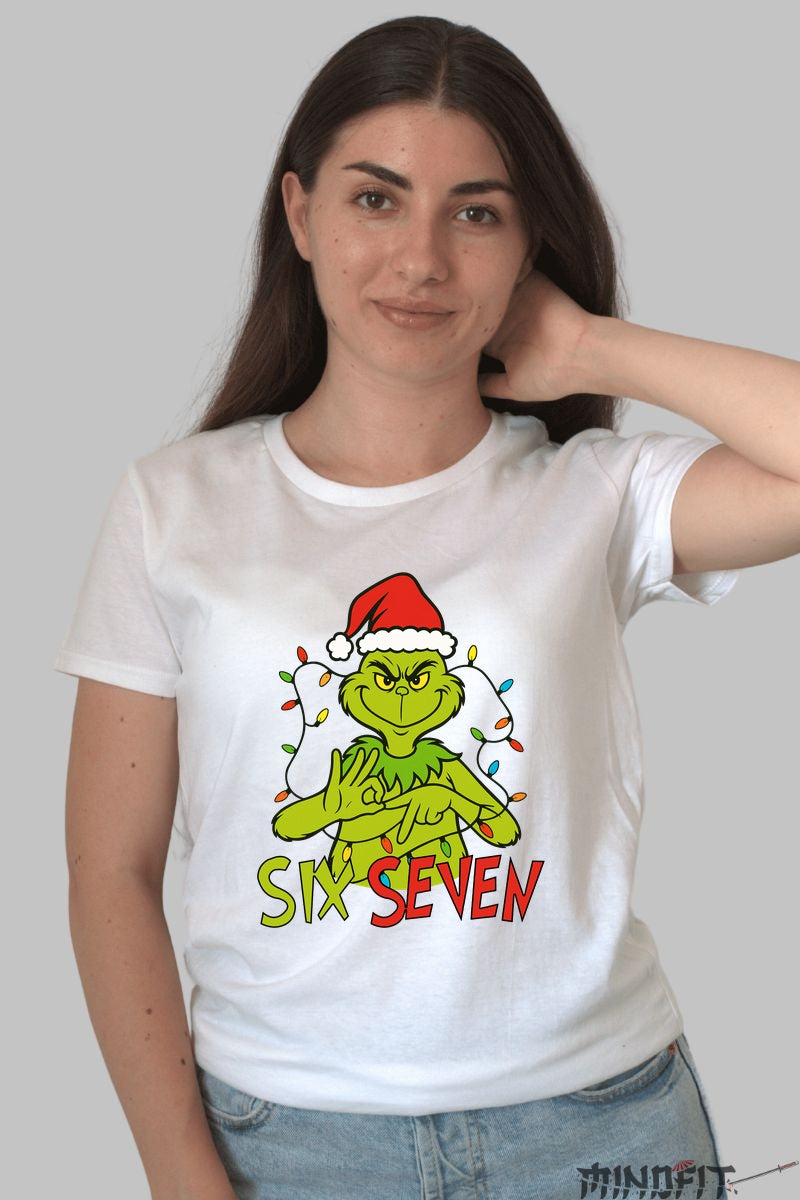 Tricou De Craciun - Grinch Six Seven dama alb