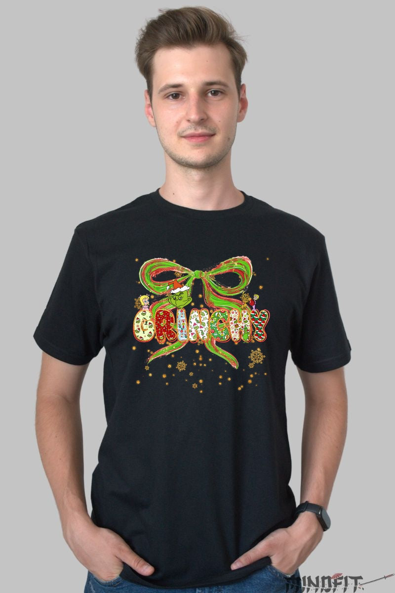 Tricou De Craciun - Grinchy Cu Fundita Festiva barbat negru