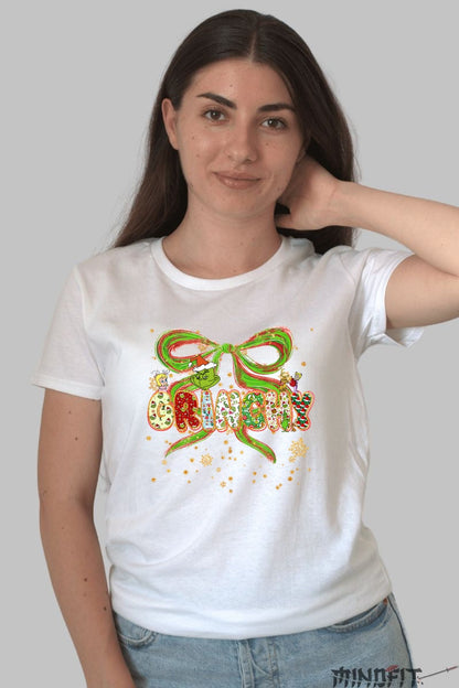 Tricou De Craciun - Grinchy Cu Fundita Festiva dama alb