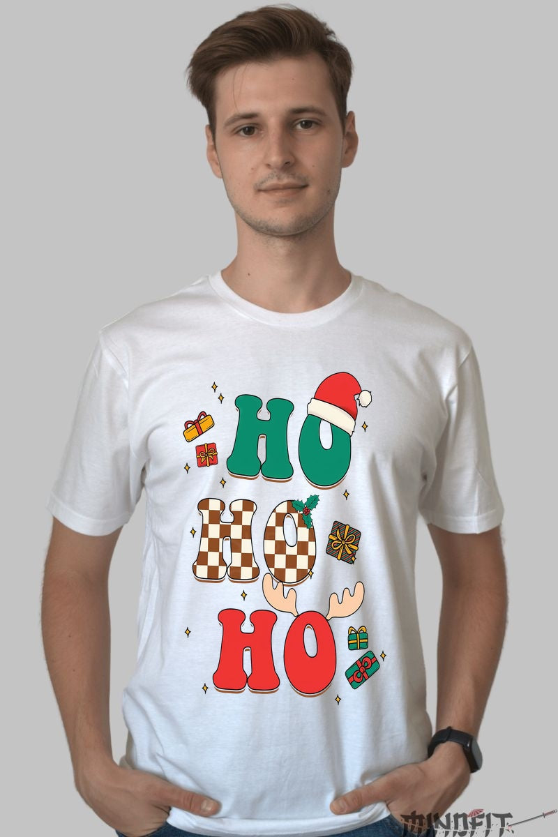 Tricou De Craciun - HO HO HO Festiv barbat alb