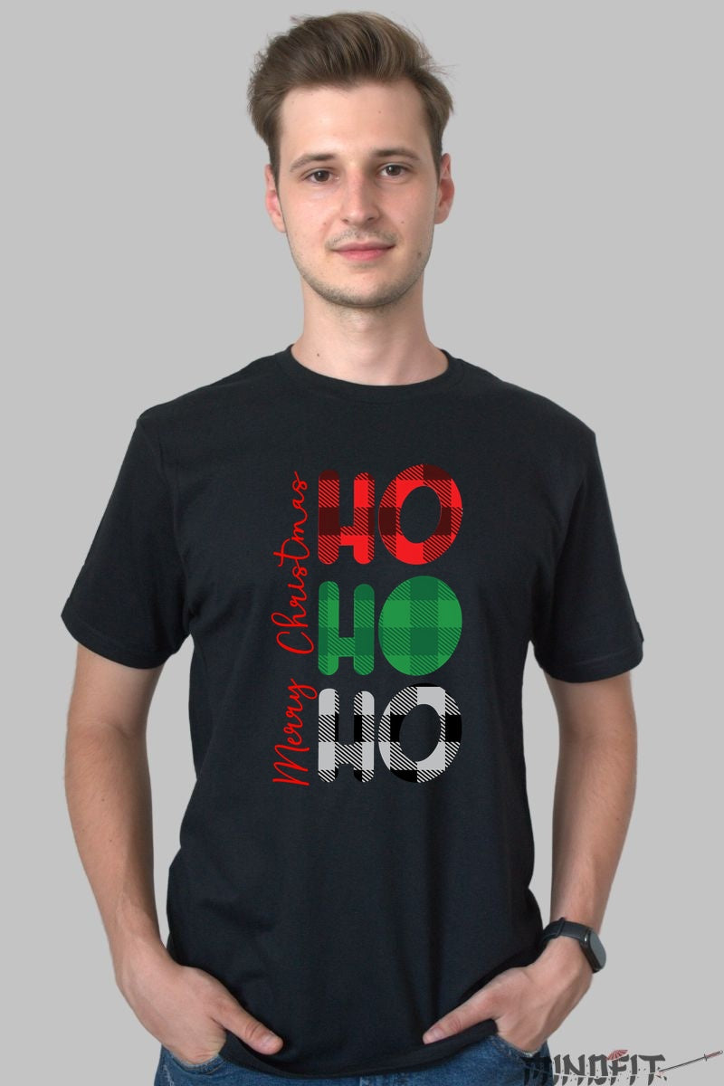 Tricou De Craciun - HO HO HO Plaid Festiv barbat negru