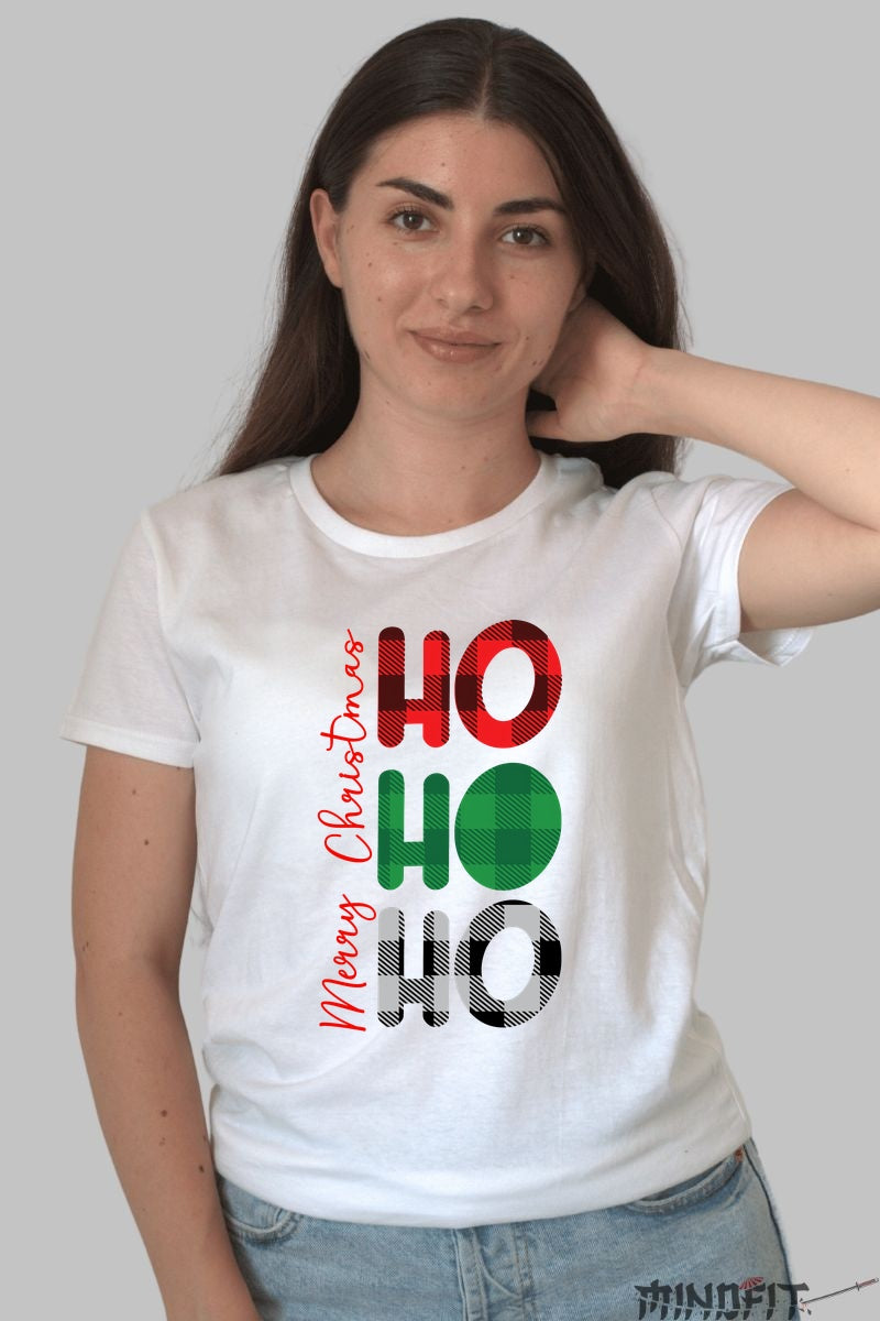 Tricou De Craciun - HO HO HO Plaid Festiv dama alb