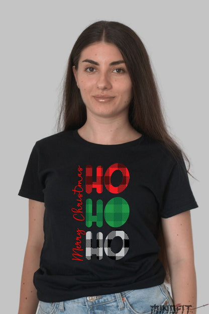Tricou De Craciun - HO HO HO Plaid Festiv dama negru