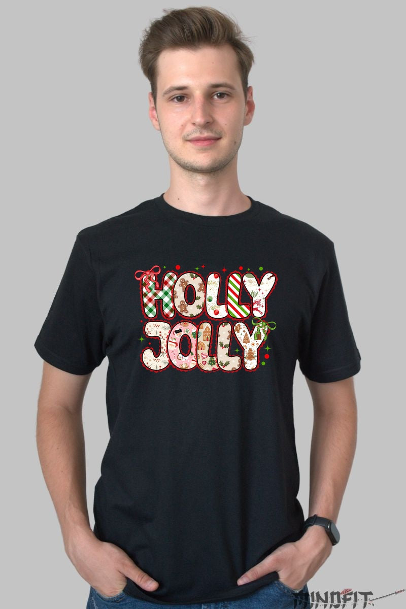 Tricou De Craciun - Holly Jolly Festiv barbat negru