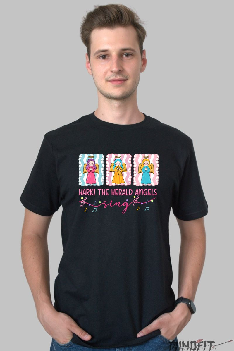 Tricou De Craciun - Ingeri Vestitori Cantand barbat negru