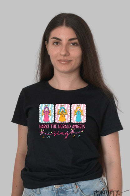 Tricou De Craciun - Ingeri Vestitori Cantand dama negru