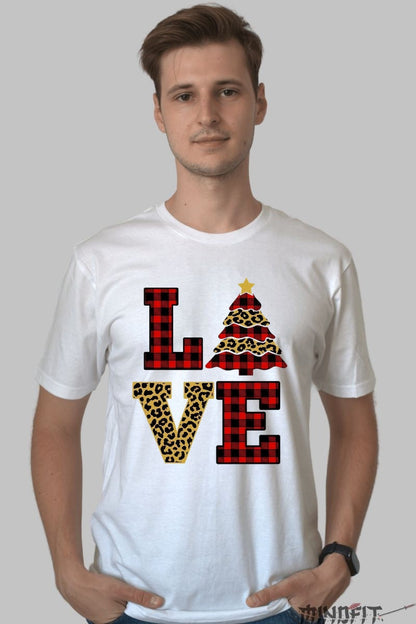 Tricou De Craciun - LOVE Cu Brad In Stil Animal Print barbat alb
