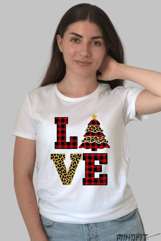 Tricou De Craciun - LOVE Cu Brad In Stil Animal Print dama alb