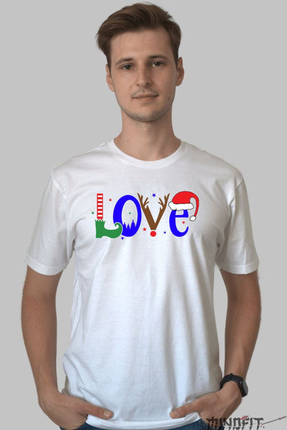 Tricou De Craciun - LOVE in Stil Festiv barbat alb