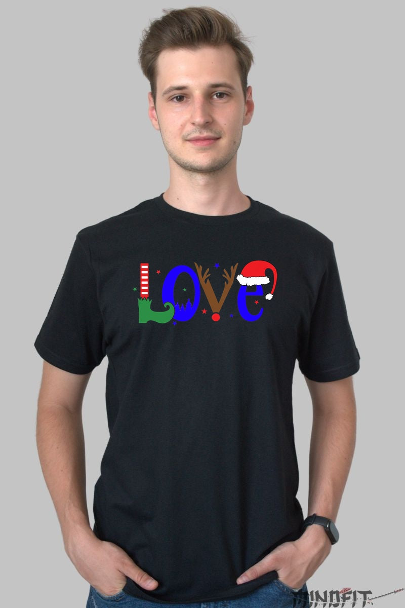Tricou De Craciun - LOVE in Stil Festiv barbat negru