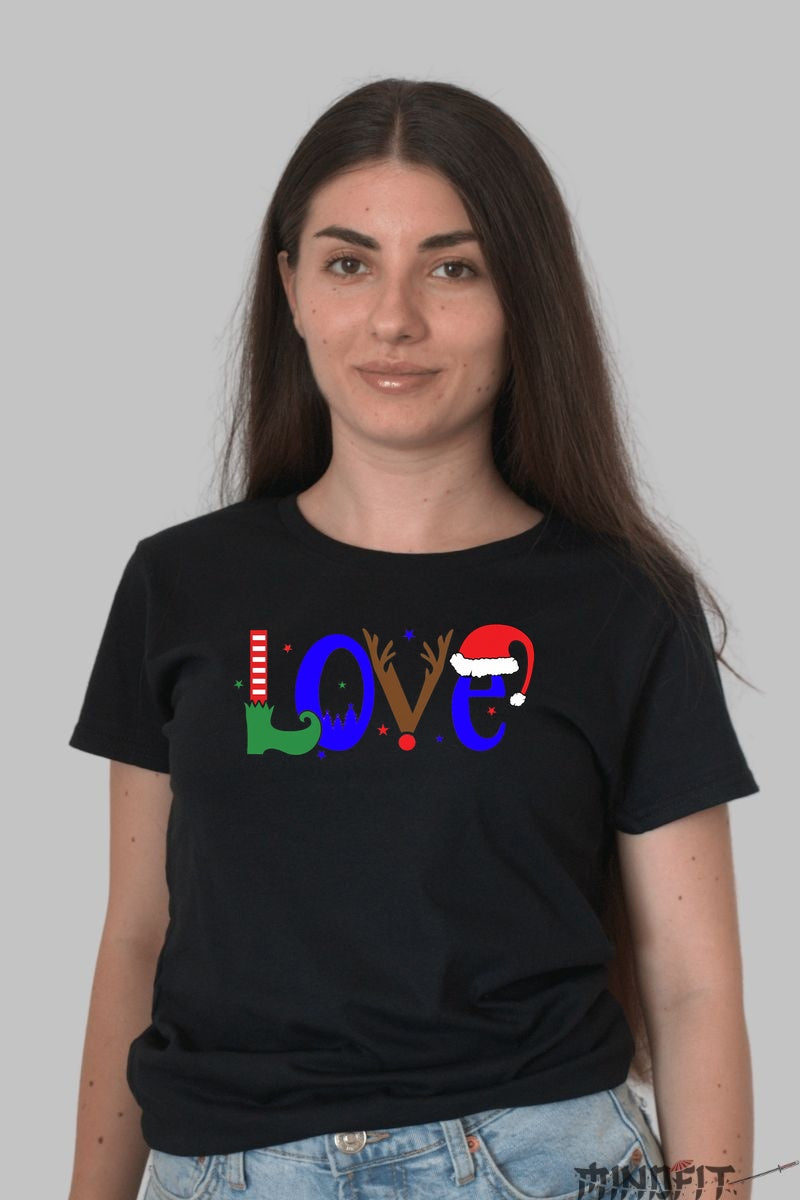 Tricou De Craciun - LOVE in Stil Festiv dama negru