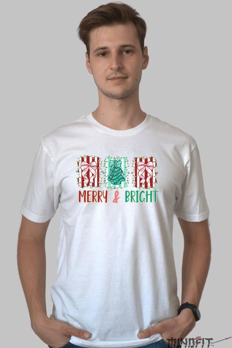 Tricou De Craciun - Merry & Bright barbat alb
