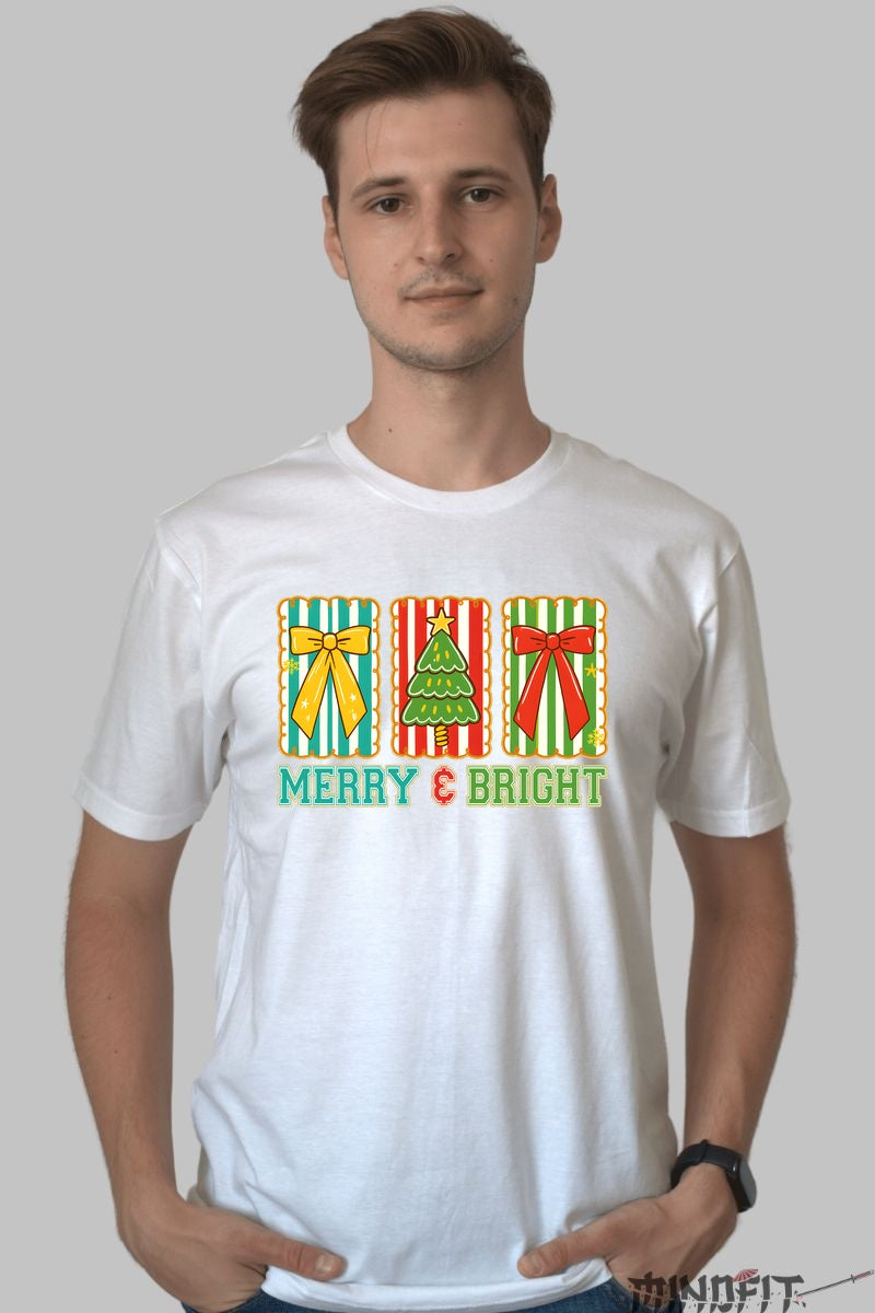 Tricou De Craciun - Merry & Bright barbat alb