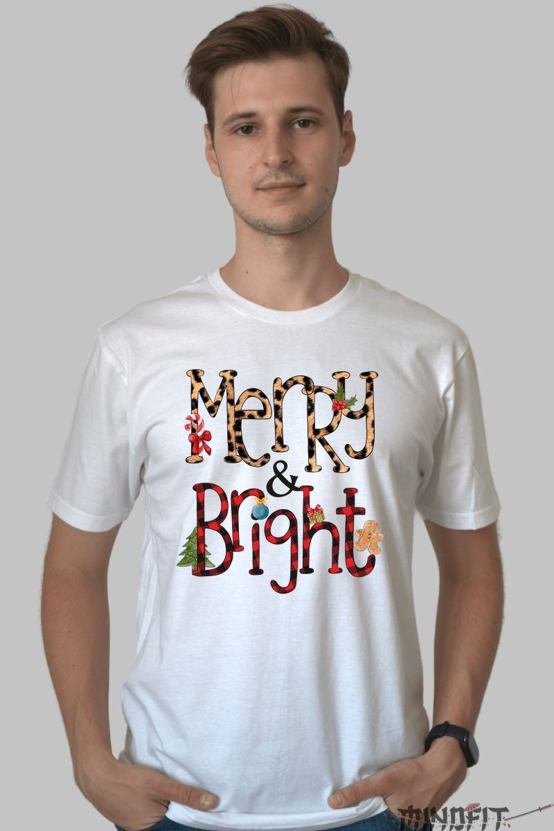 Tricou De Craciun - Merry & Bright barbat alb