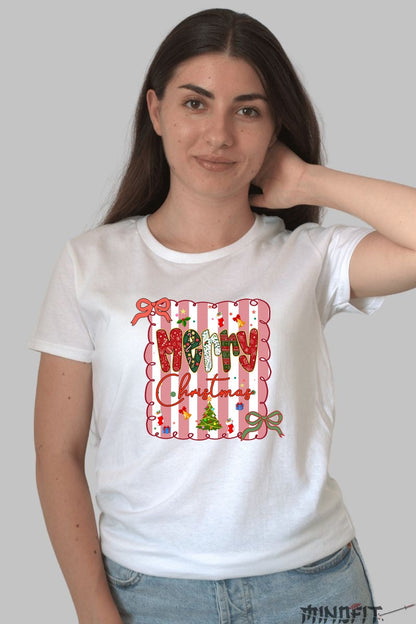 Tricou De Craciun - Merry Christmas Candy Style dama alb