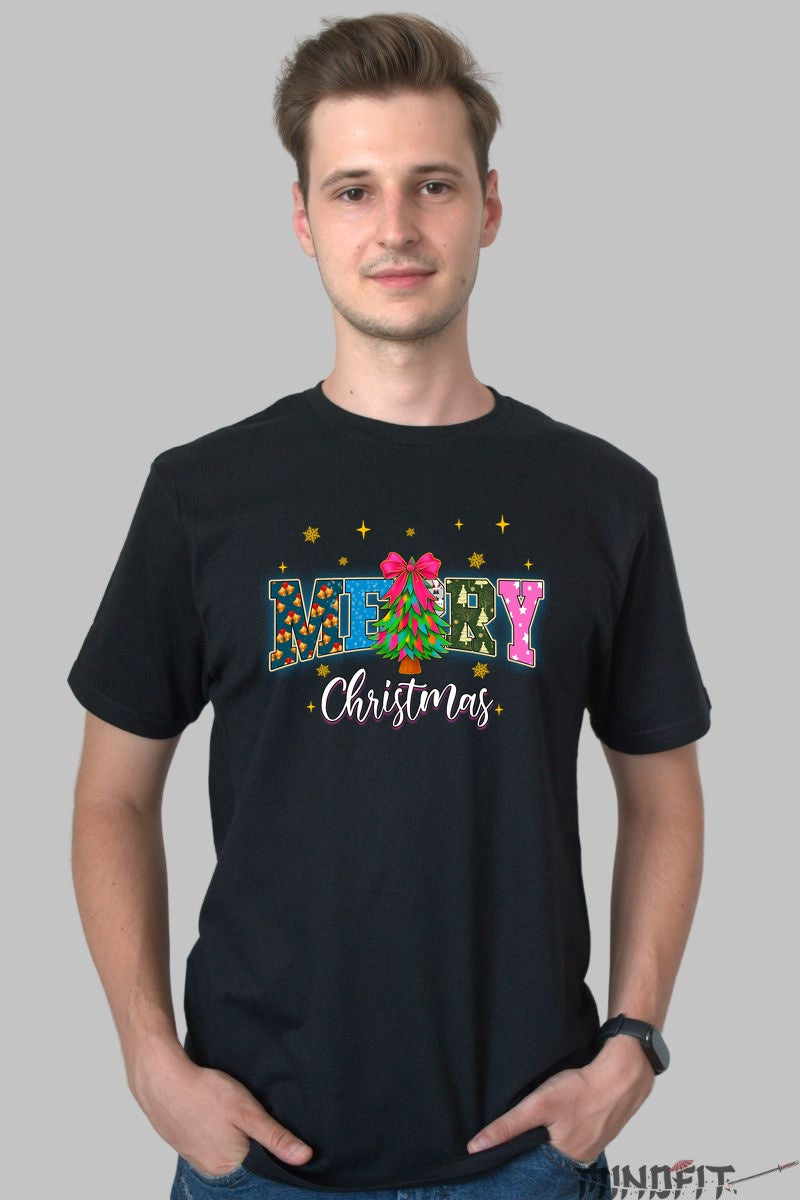 Tricou De Craciun - Merry Christmas Cu Brad Decorat barbat negru