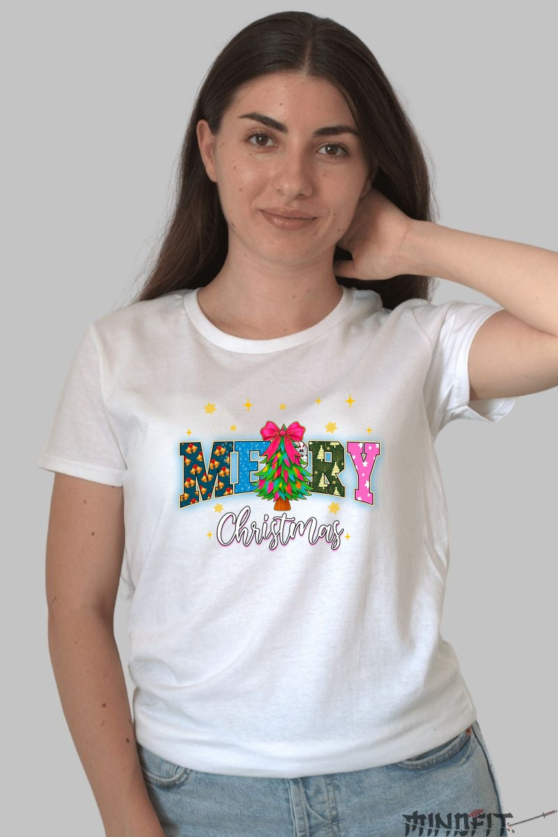 Tricou De Craciun - Merry Christmas Cu Brad Decorat dama alb