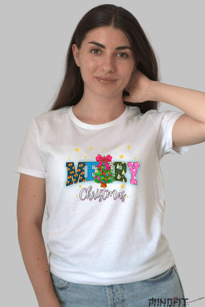 Tricou De Craciun - Merry Christmas Cu Brad Decorat dama alb