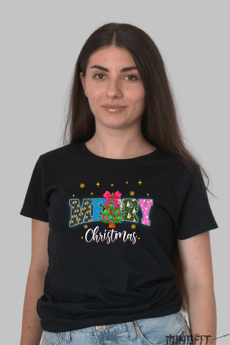 Tricou De Craciun - Merry Christmas Cu Brad Decorat dama negru