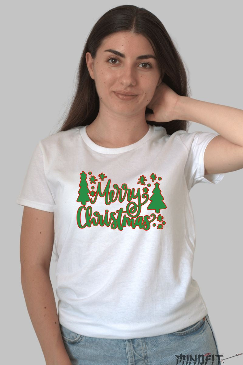 Tricou De Craciun - Merry Christmas Cu Braduti dama alb