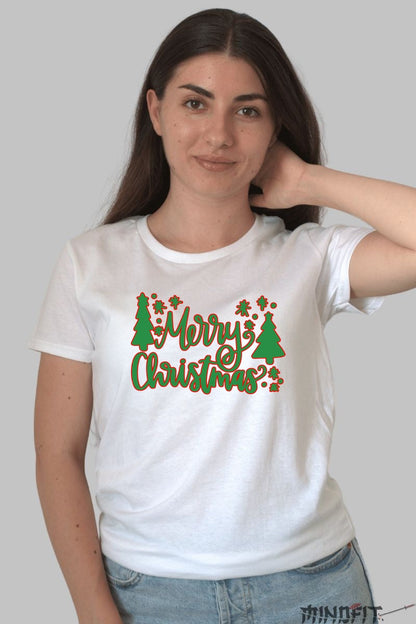 Tricou De Craciun - Merry Christmas Cu Braduti dama alb