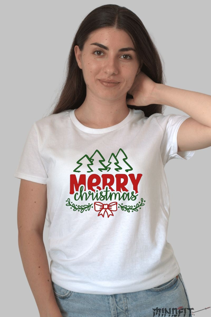 Tricou De Craciun - Merry Christmas Cu Braduti dama alb