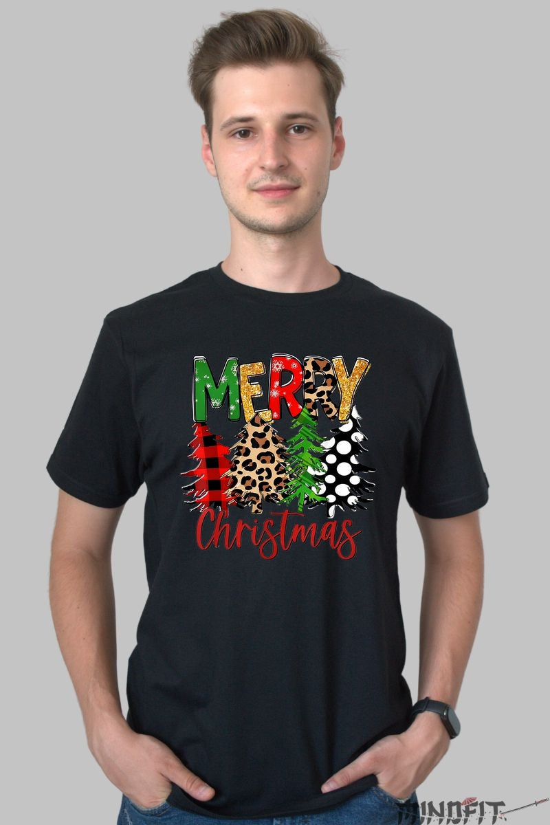 Tricou De Craciun - Merry Christmas Cu Brazi Colorati barbat negru