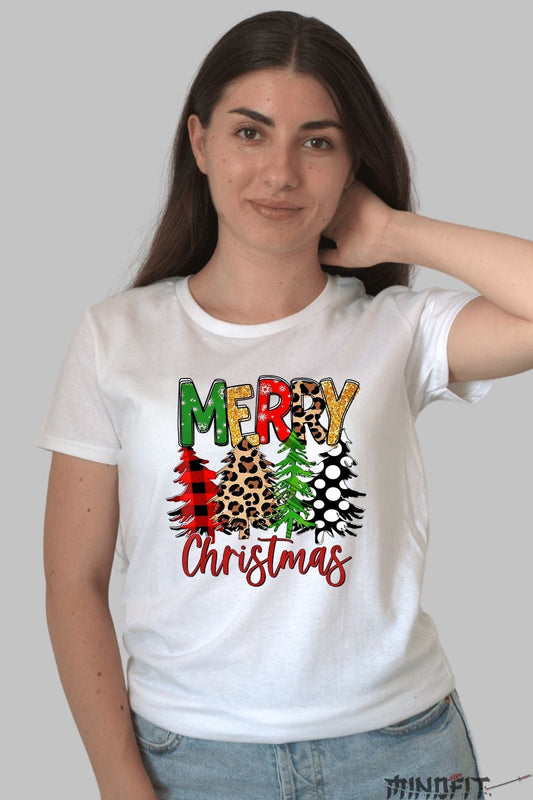 Tricou De Craciun - Merry Christmas Cu Brazi Colorati dama alb