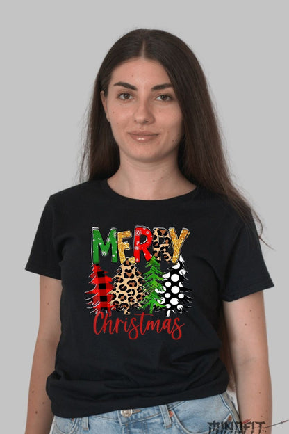 Tricou De Craciun - Merry Christmas Cu Brazi Colorati dama negru