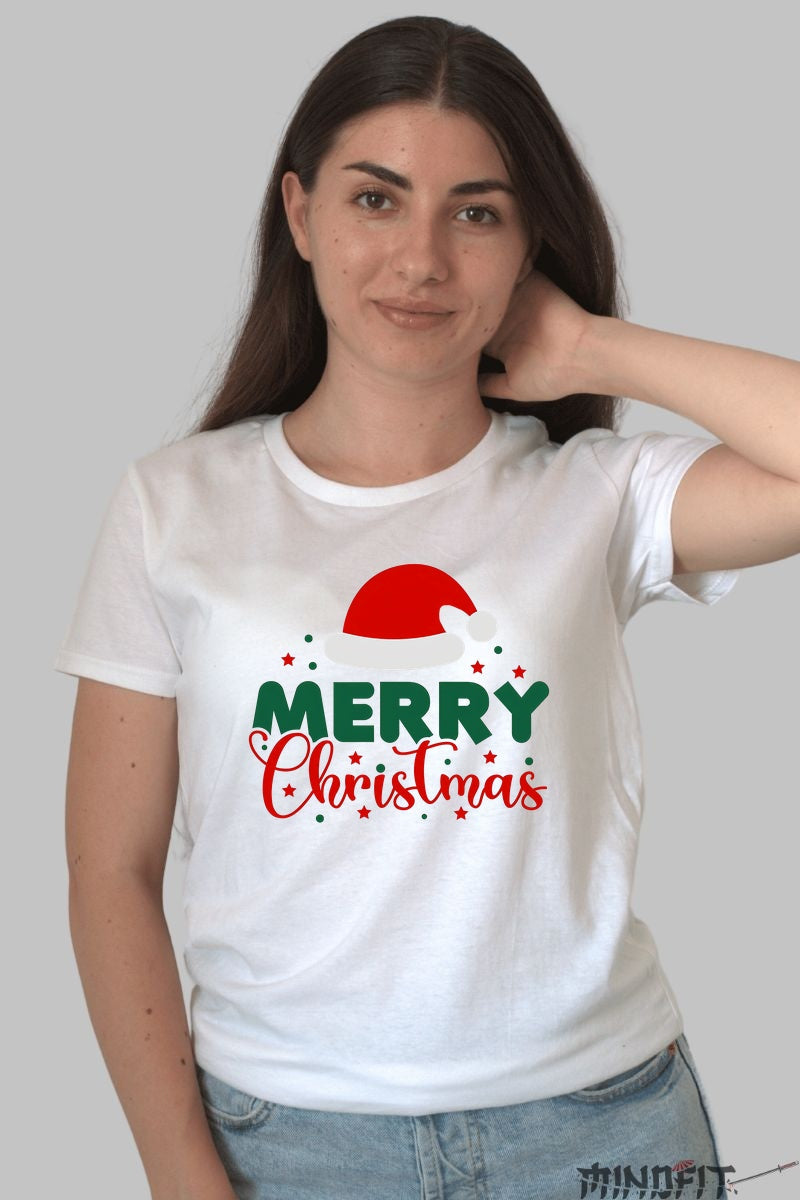 Tricou De Craciun - Merry Christmas Cu Caciula Mosului dama alb
