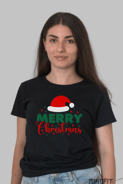 Tricou De Craciun - Merry Christmas Cu Caciula Mosului dama negru