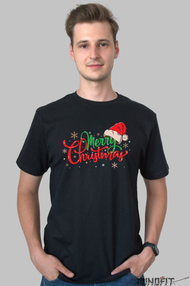 Tricou De Craciun - Merry Christmas Cu Caciula Mosului barbat negru