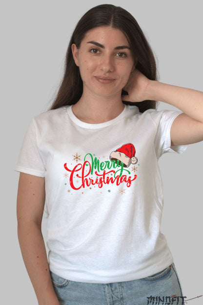 Tricou De Craciun - Merry Christmas Cu Caciula Mosului dama alb