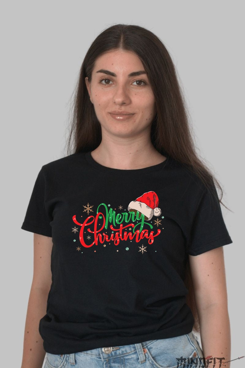 Tricou De Craciun - Merry Christmas Cu Caciula Mosului dama negru