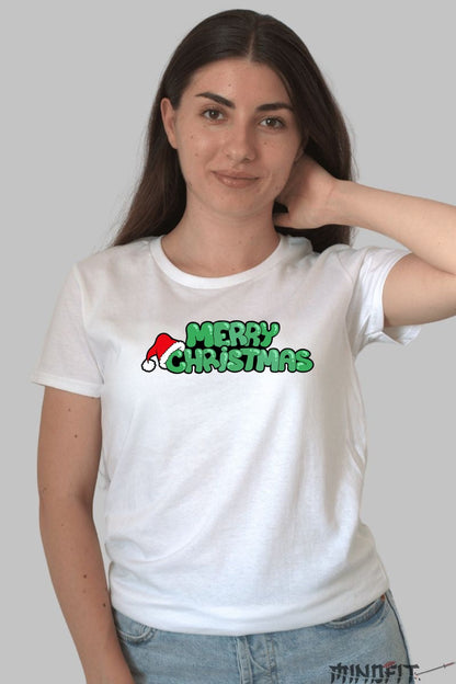 Tricou De Craciun - Merry Christmas Cu Caciula Mosului dama alb