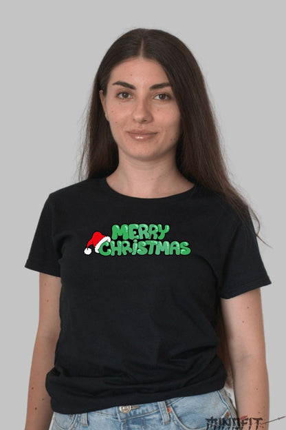 Tricou De Craciun - Merry Christmas Cu Caciula Mosului dama negru
