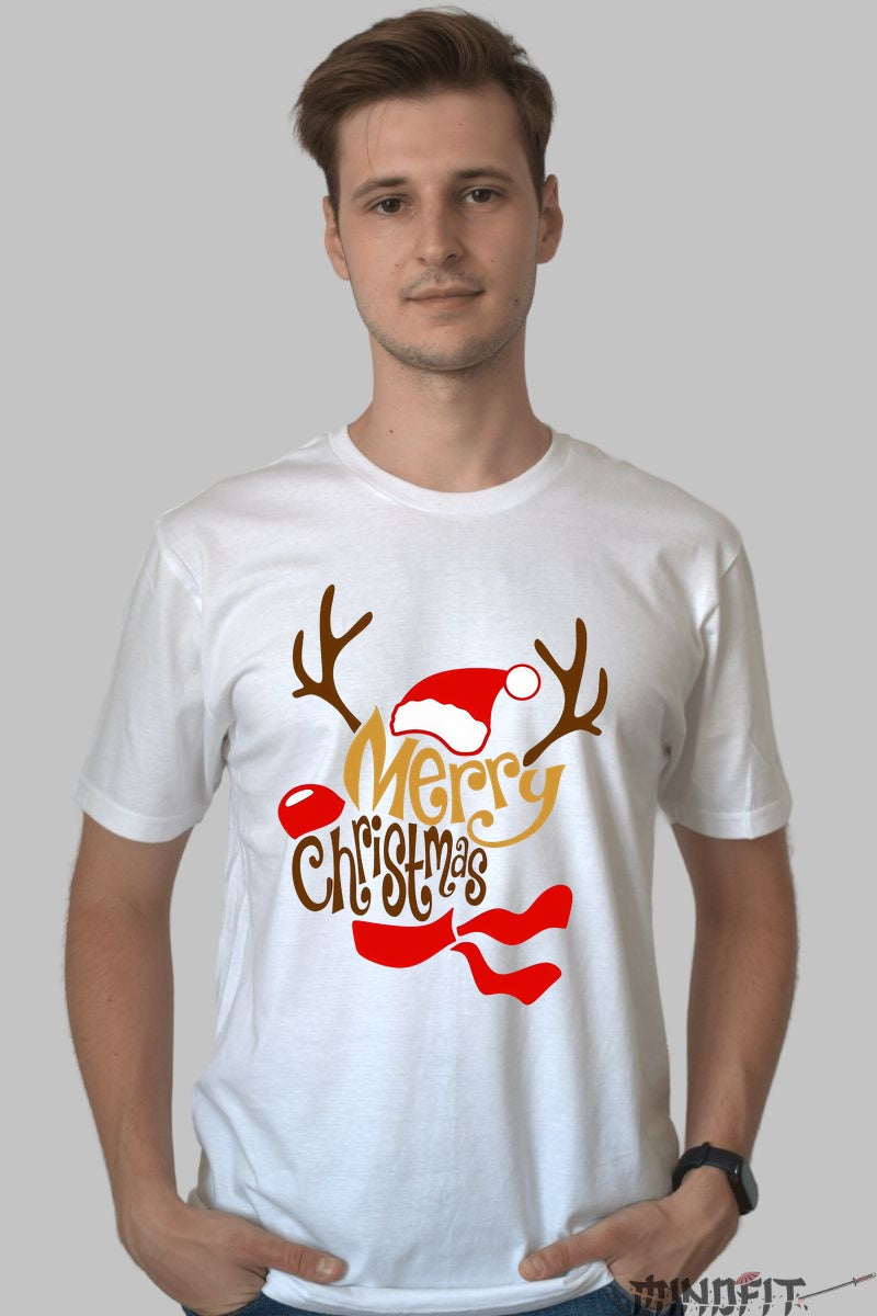 Tricou De Craciun - Merry Christmas Cu Coarne Si Caciula barbat alb